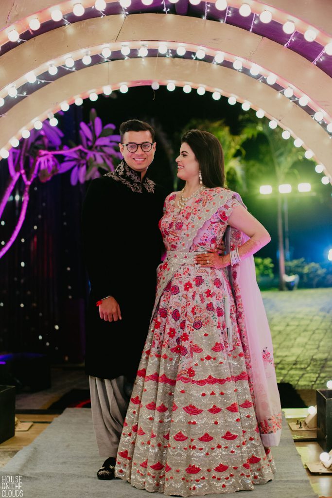 Palak & Pankaj portrait photography for lavish sangeet ceremony in bridal designer wear