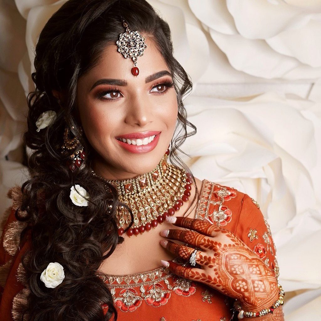 Bridal makeup hairstyle dressing 😍 For appointment please contact -  326-5815😍 @this_is_usha Henna - @mehndi_by_cassie.j Lehenga... | Instagram