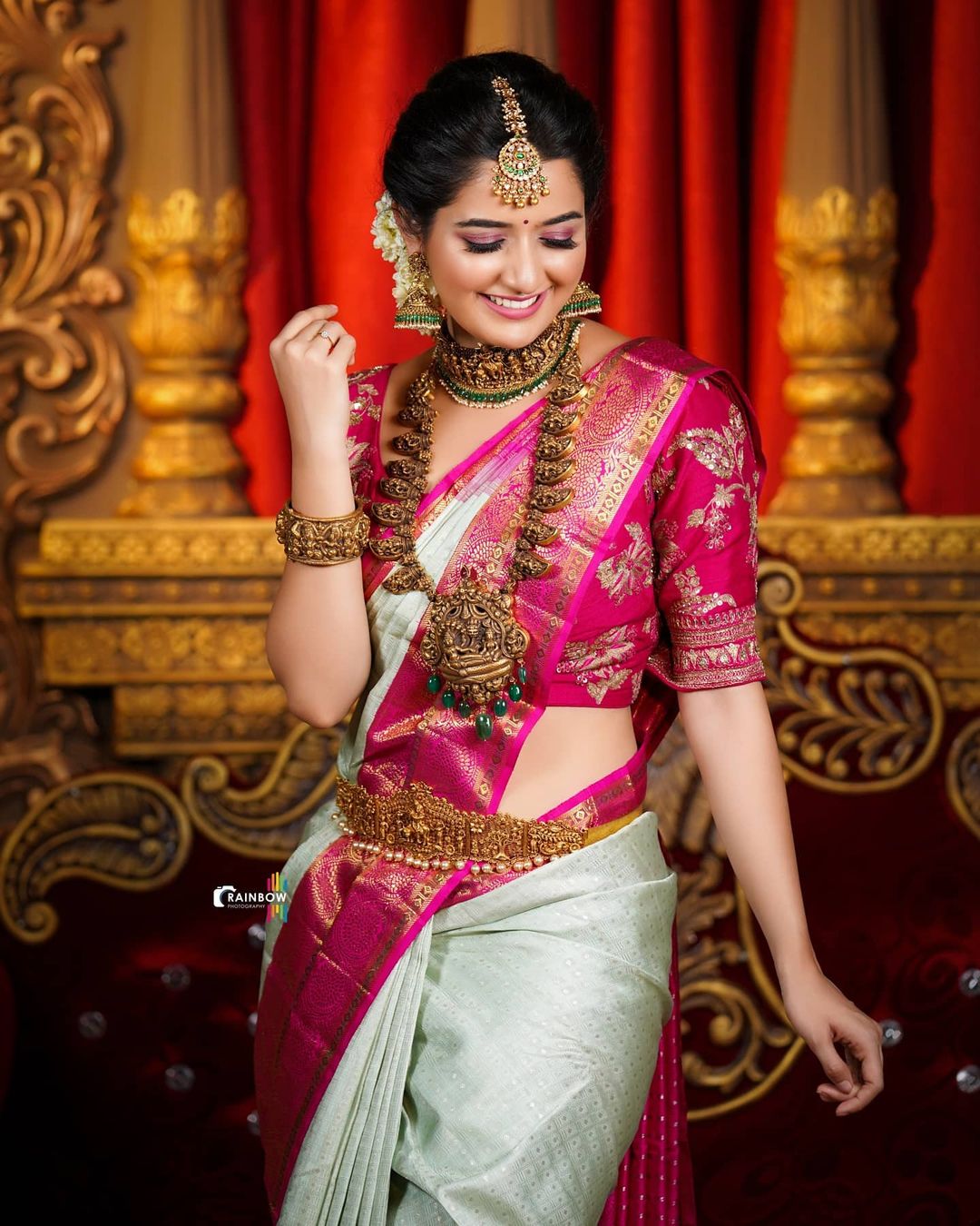 actress-south-indian-bridal-look-in-white-and-pink-saree | WedAbout