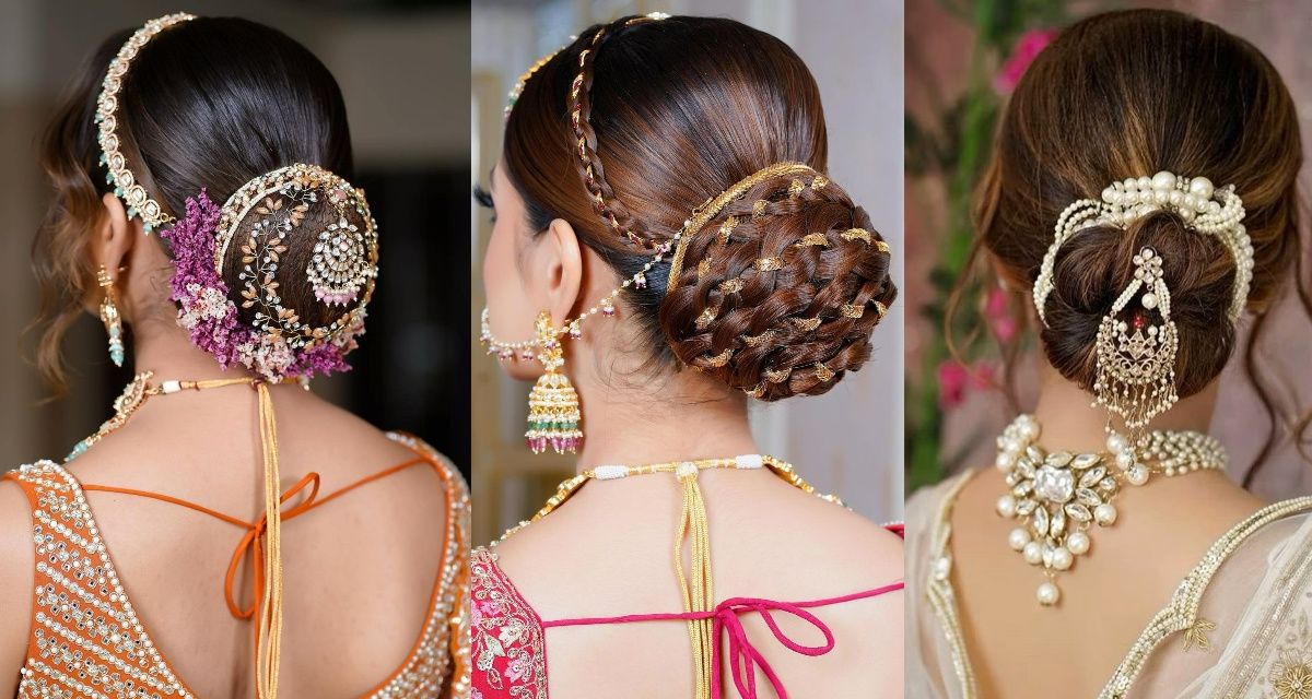 best and latest embellished bun hairstyle for engagement in lehenga