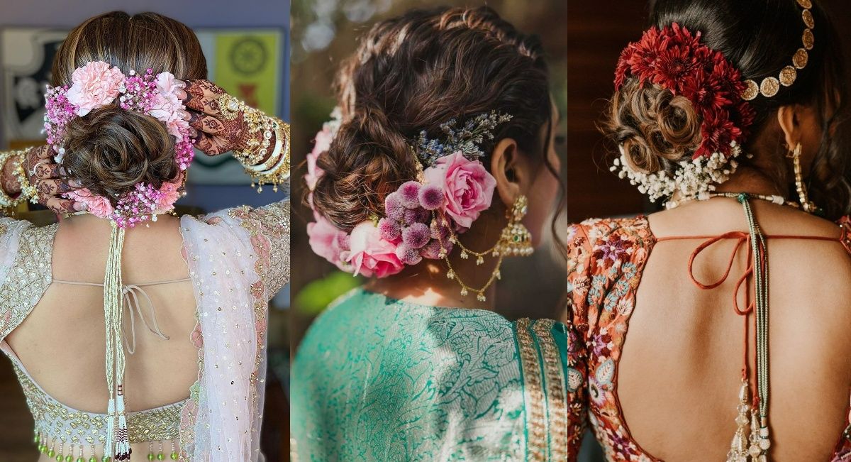 best and latest floral bun hairstyle for engagement
