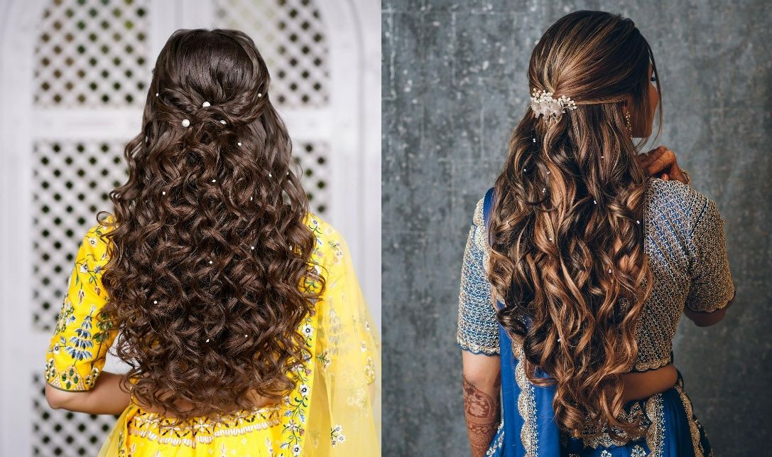 Pin by The Desi Shaadi Closet on Engagement/ Mayun/ Mehndi/ sangeet  hairstyles | Hair styles, Bride hairstyles, Curly hair styles