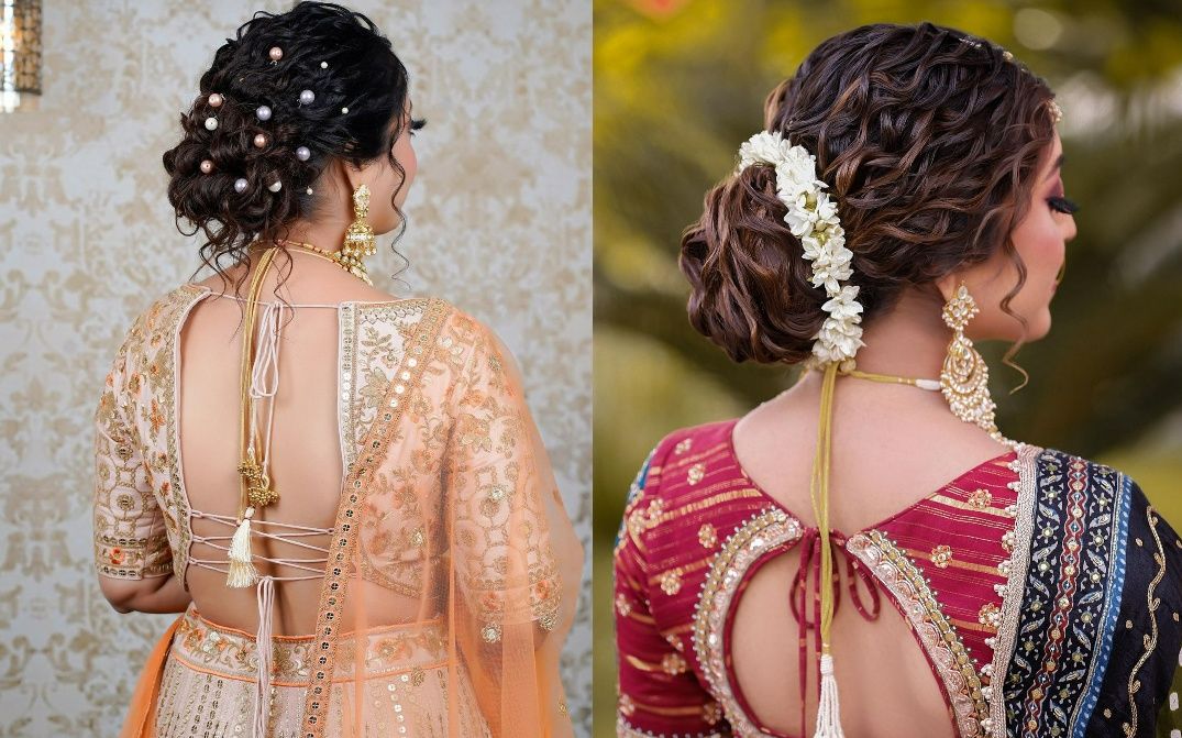 best and latest messy bun hairstyle for engagement in lehenga