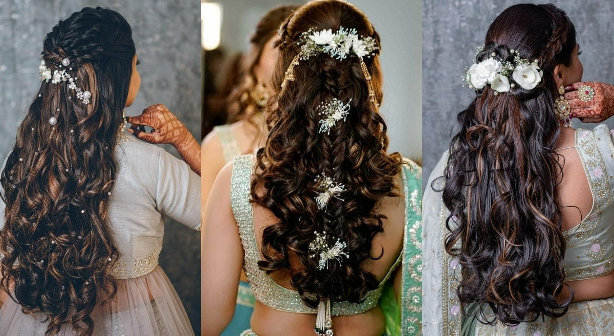 latest half tie with curls indian reception bridal hairstyle 1