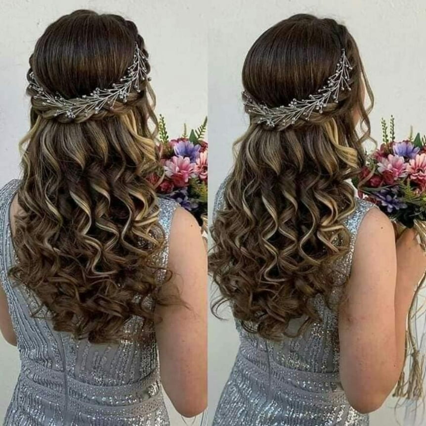 crown braid with curls reception bridal hairstyle