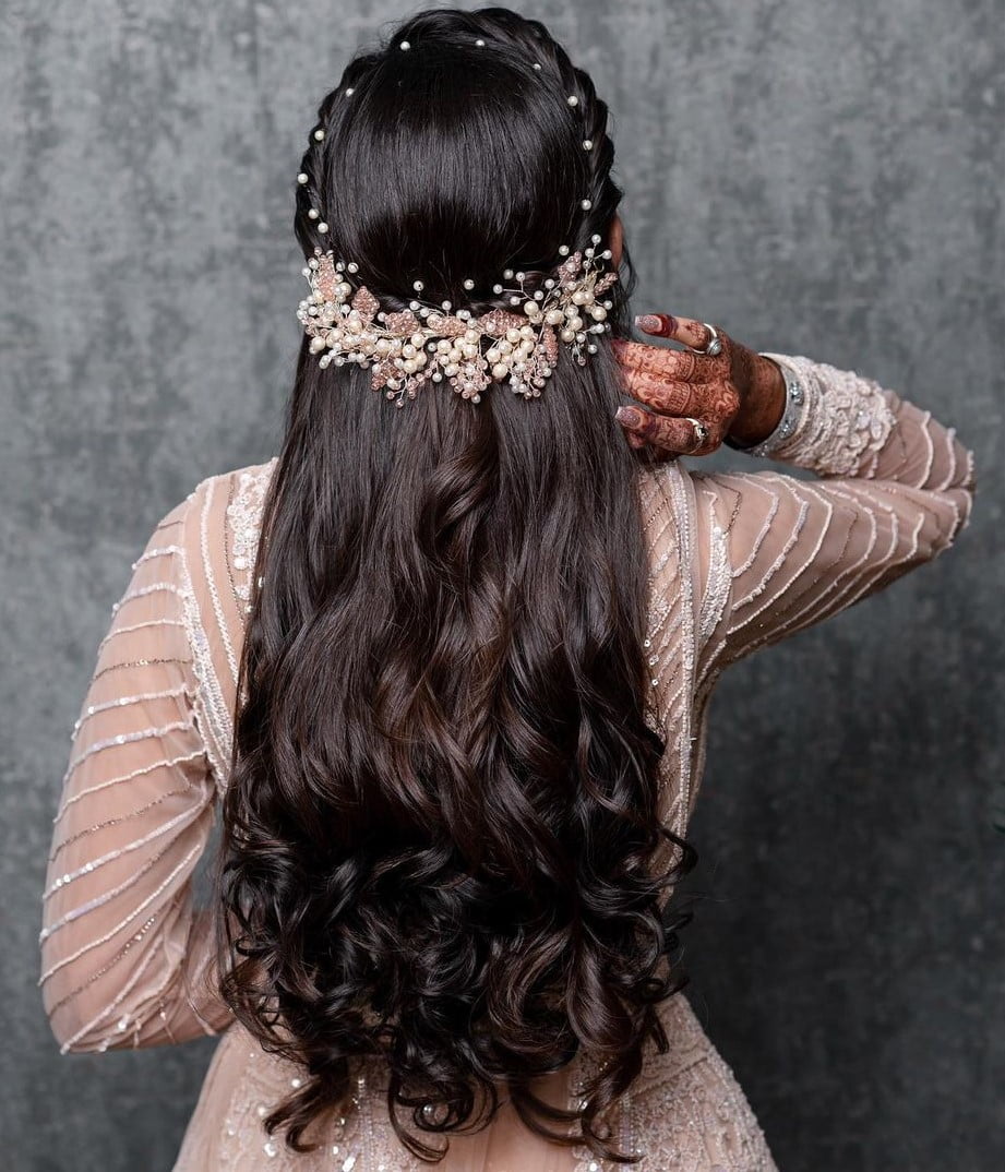 modern-crown-braid-and-curls-indian-reception-bridal-hairstyle ...