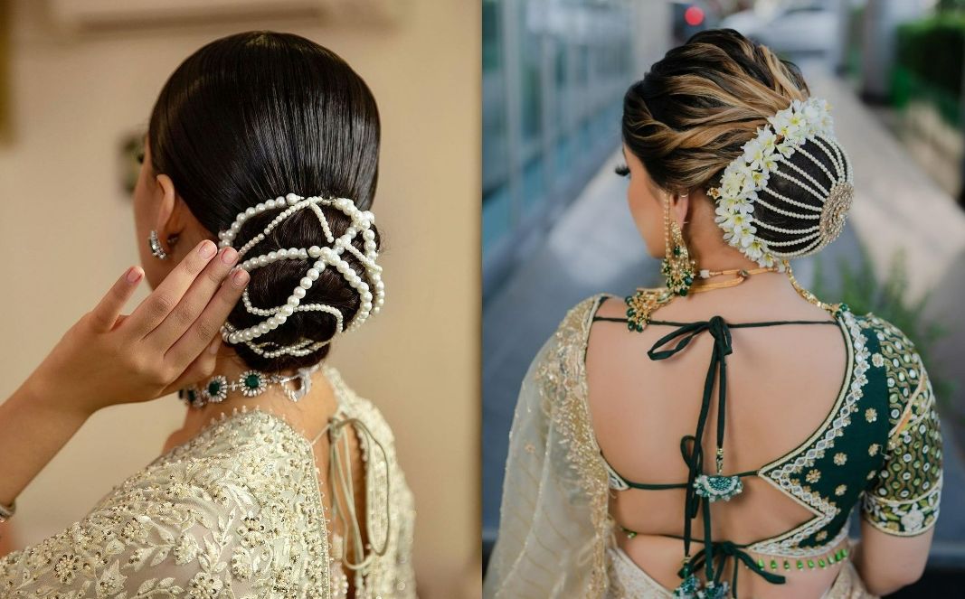 modern pearl bun indian reception bridal hairstyle for saree