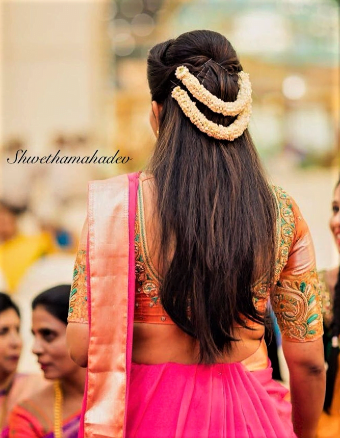 South indian bridal jade fir muhurtham look with goldplated jadebillae by  magixspa | Indian bridal hairstyles, Bridal hairstyle indian wedding,  Bridal hair