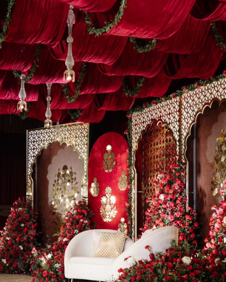 classic red and gold wedding stage decorations
