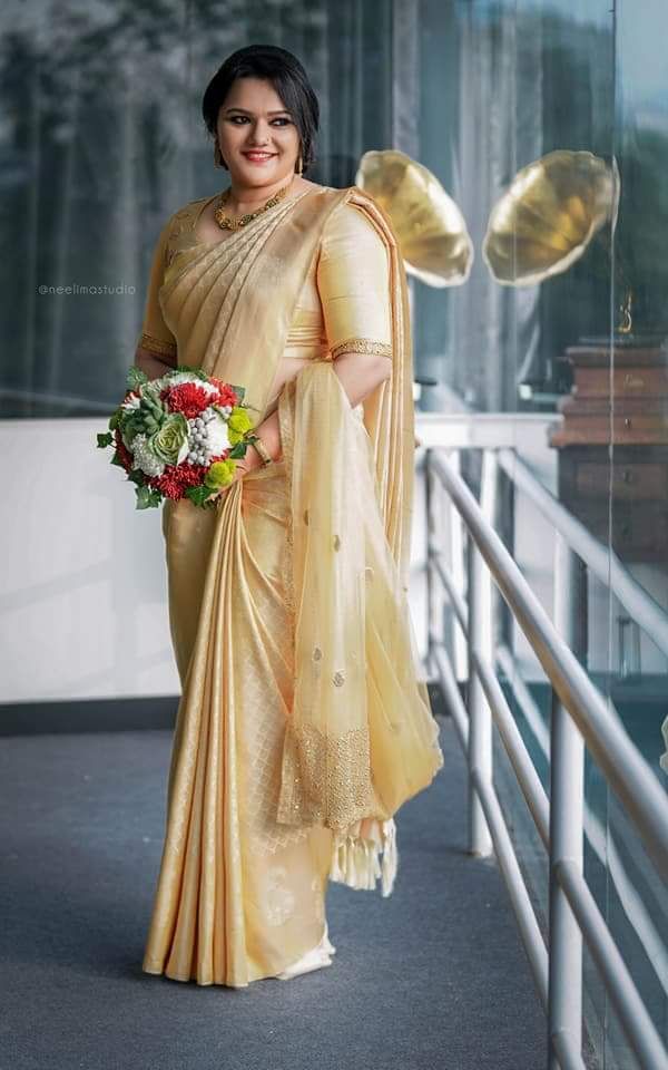 simple golden silk christian bridal saree 