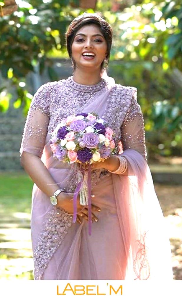 lavender christian wedding saree with floral embroidery