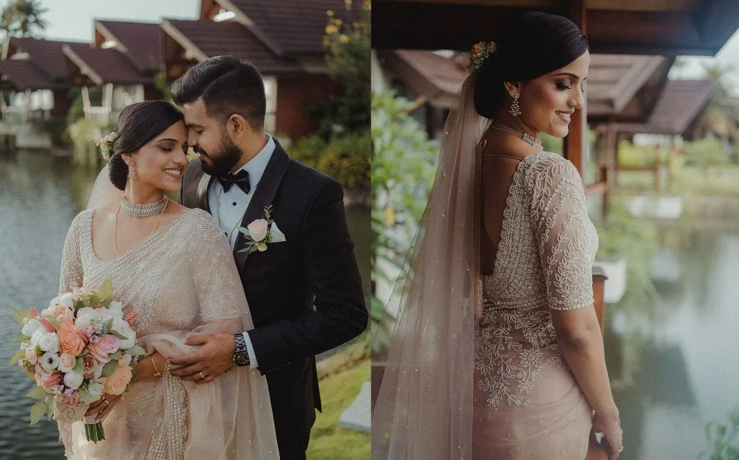 Christian bride in beige saree adorned with pearls and beads