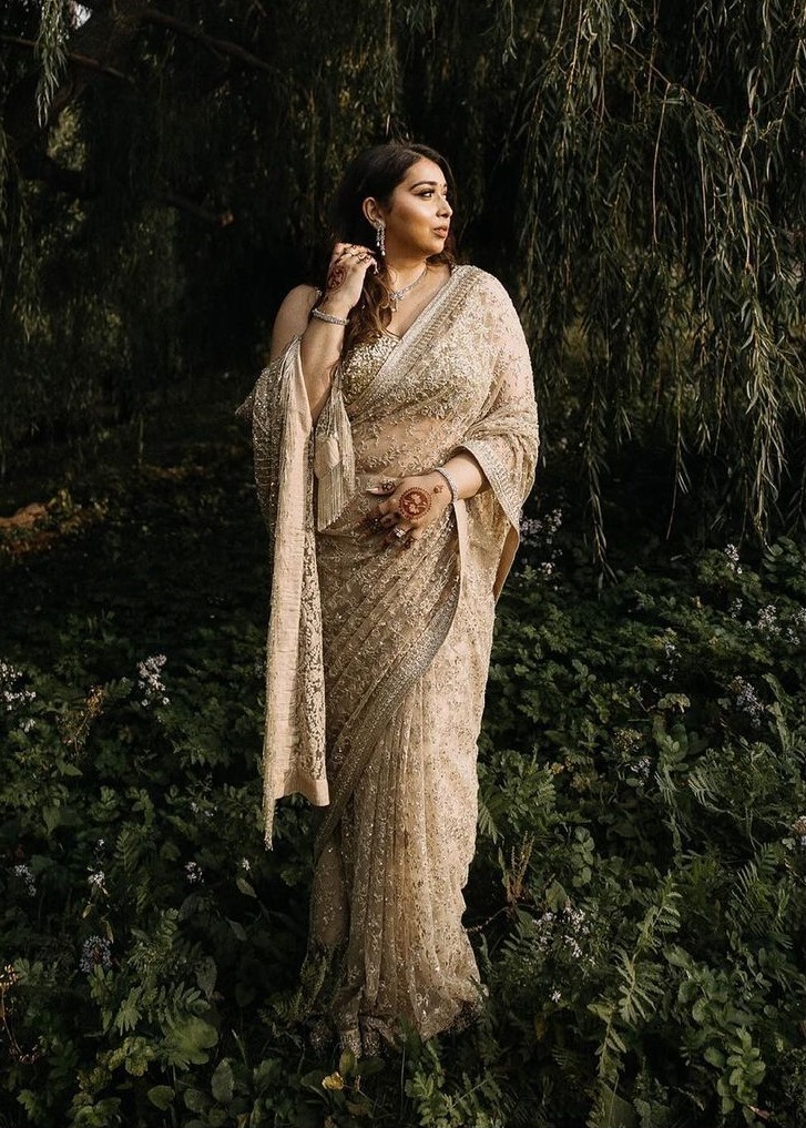 sabyasachi designer lace Christian bridal saree in golden